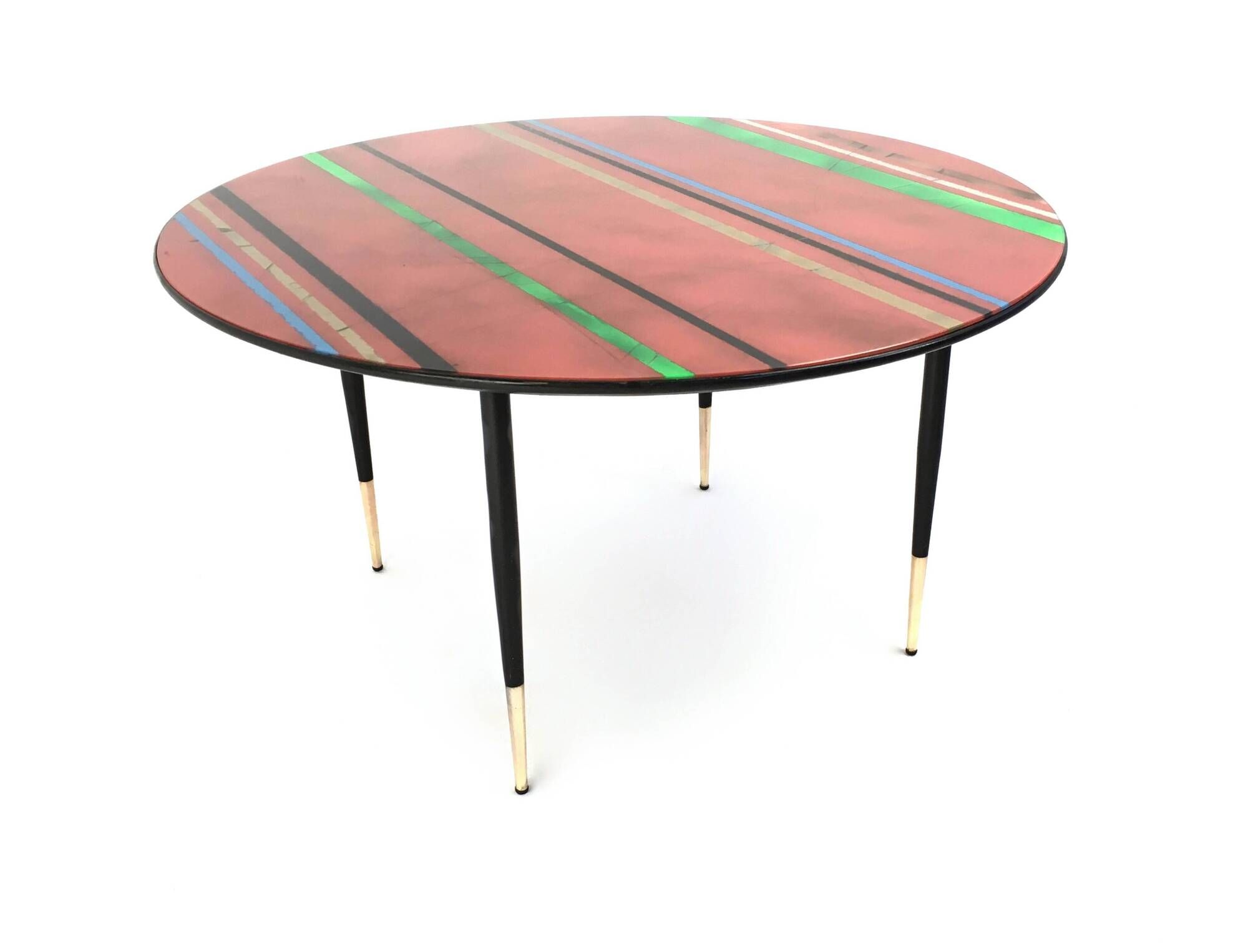 Vintage Round Coffee Table with a Red Striped Glass Top, Italy