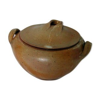 Pot avec couvercle grès marron clair coulures blanches travail artisanal