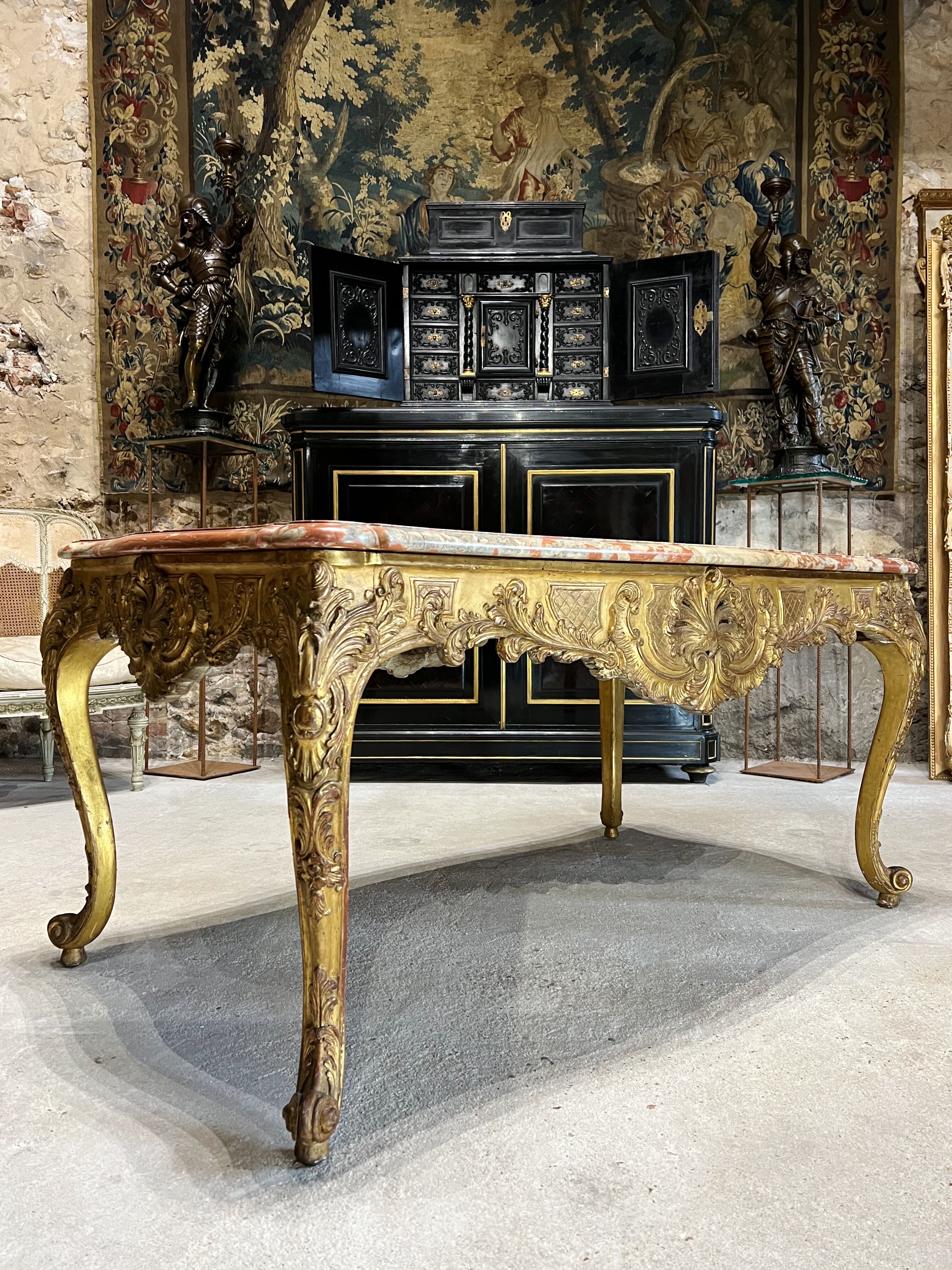 Middle table in gilded wood from the napoleon iii period red marble top