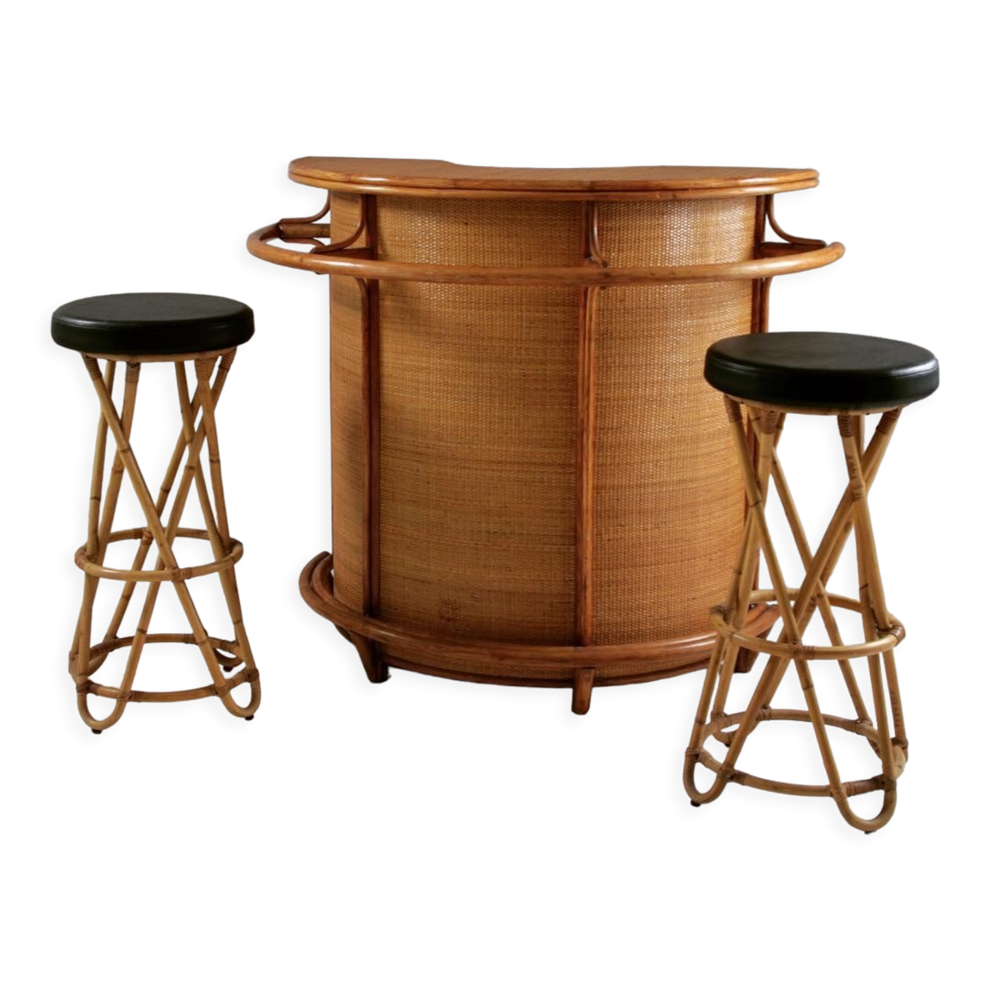 Rattan bar and stools, France 1960s, set of 3