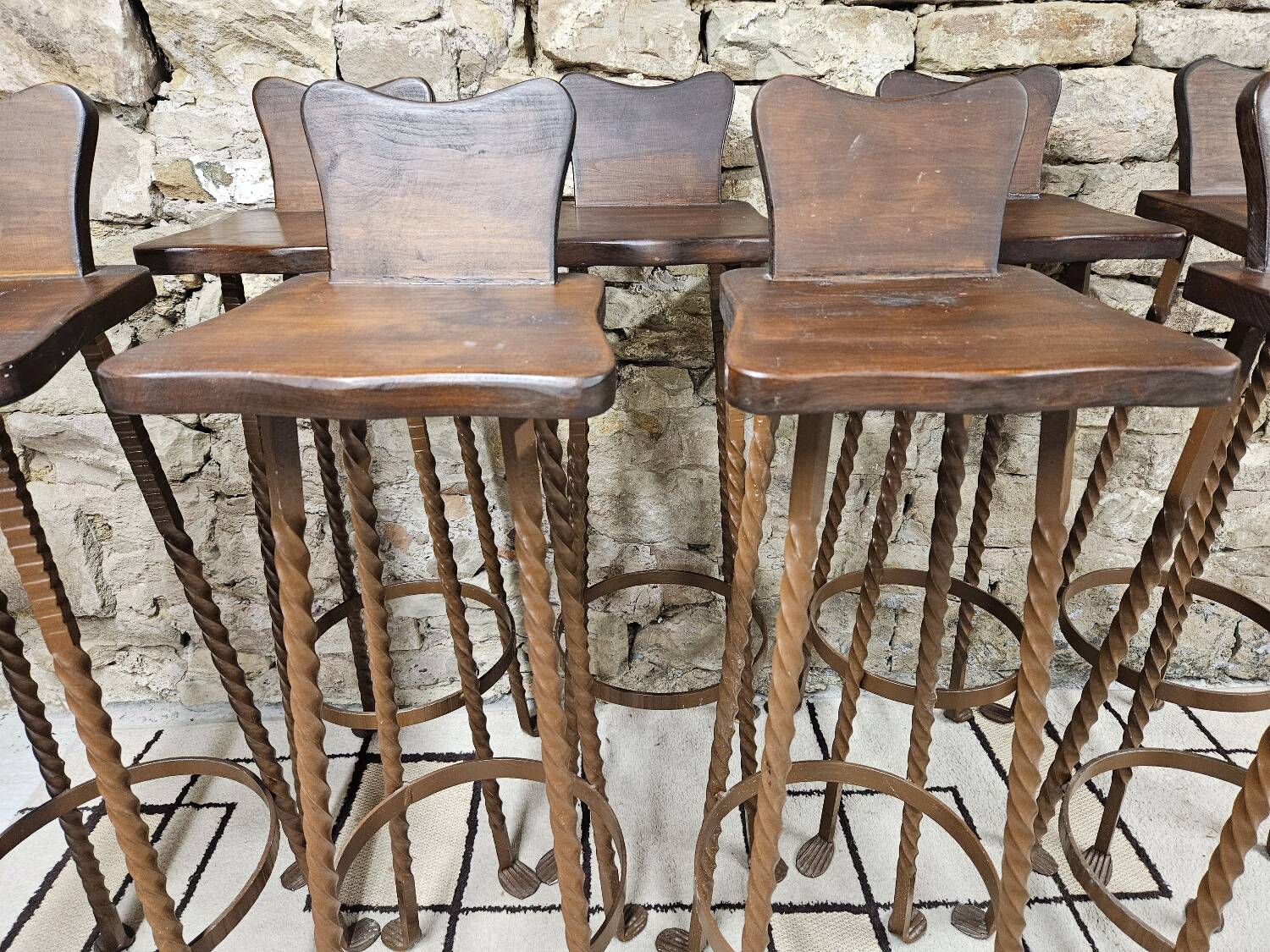 Set of 8 brutalist wrought iron bar stools 1970"