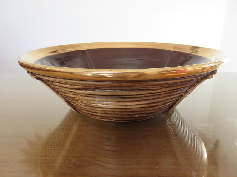 Ceramic basket with rattan and brass in the 70s