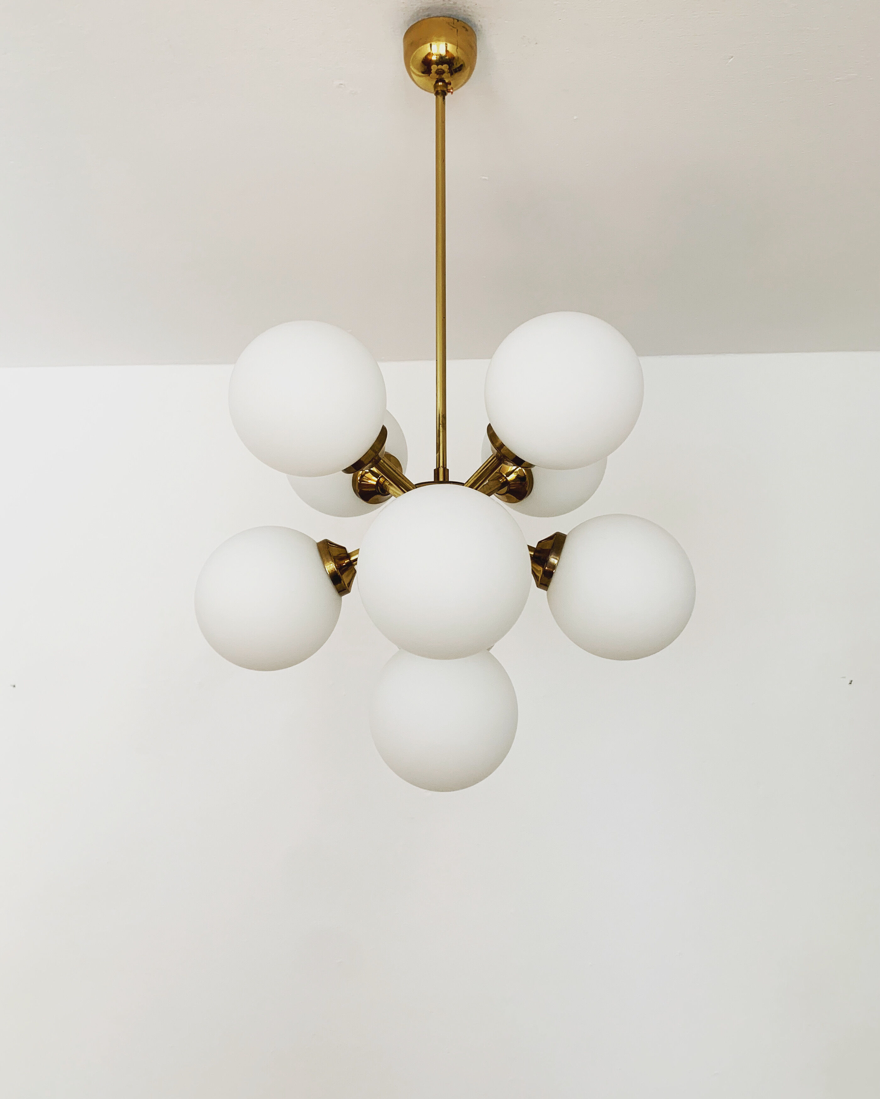 Brass and opaline glass Sputnik chandelier
