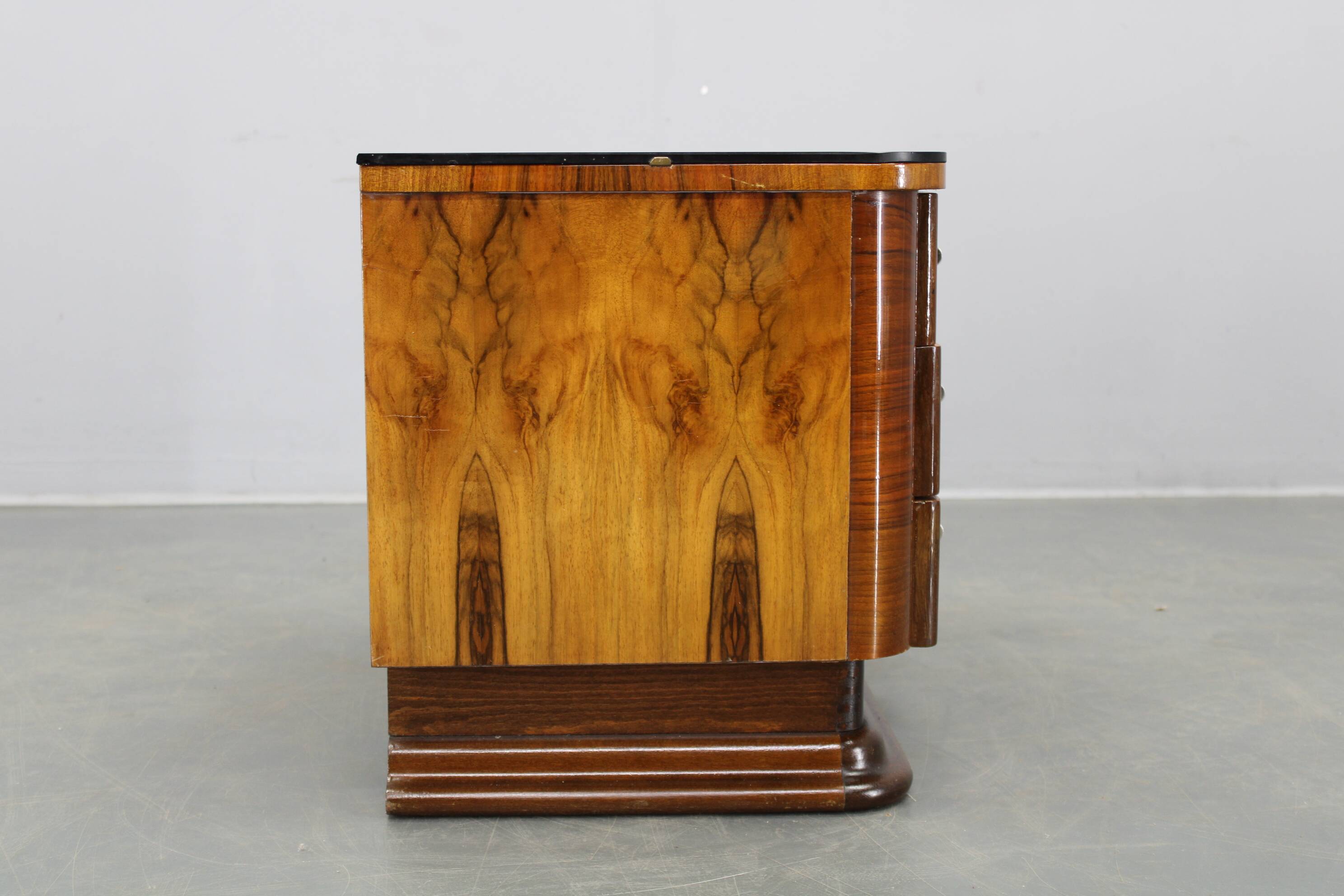 Art Deco walnut nightstand with black opaxite glass, Czechoslovakia 1930s