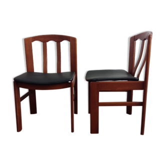 Paire de chaises en orme massif et cuir années 70