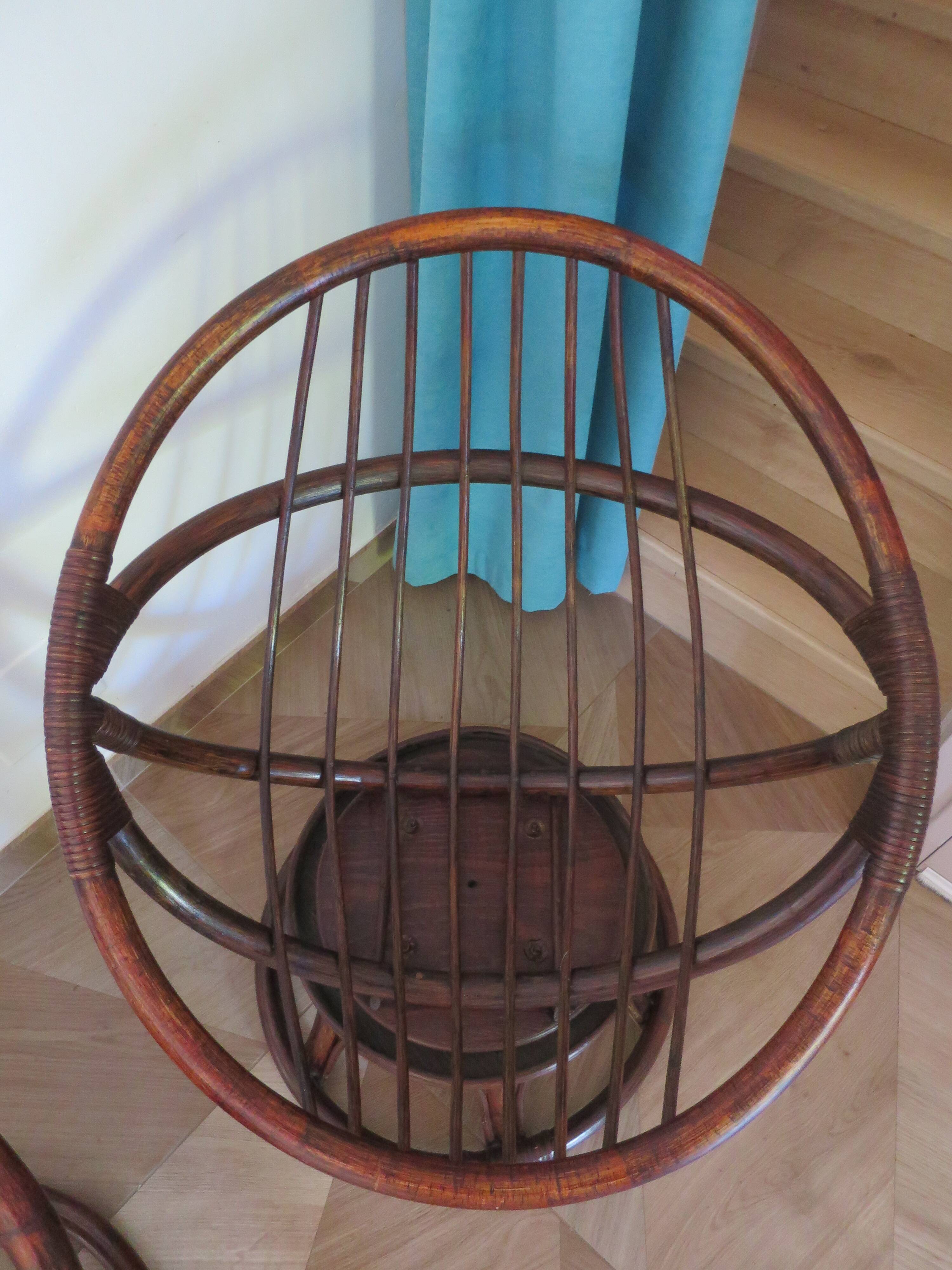 Vintage set of 2 swivel chairs in bamboo and rattan - Papasan shape