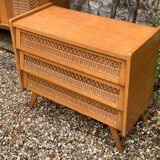 Rattan wardrobe and its compass-legged chest of drawers, 1960