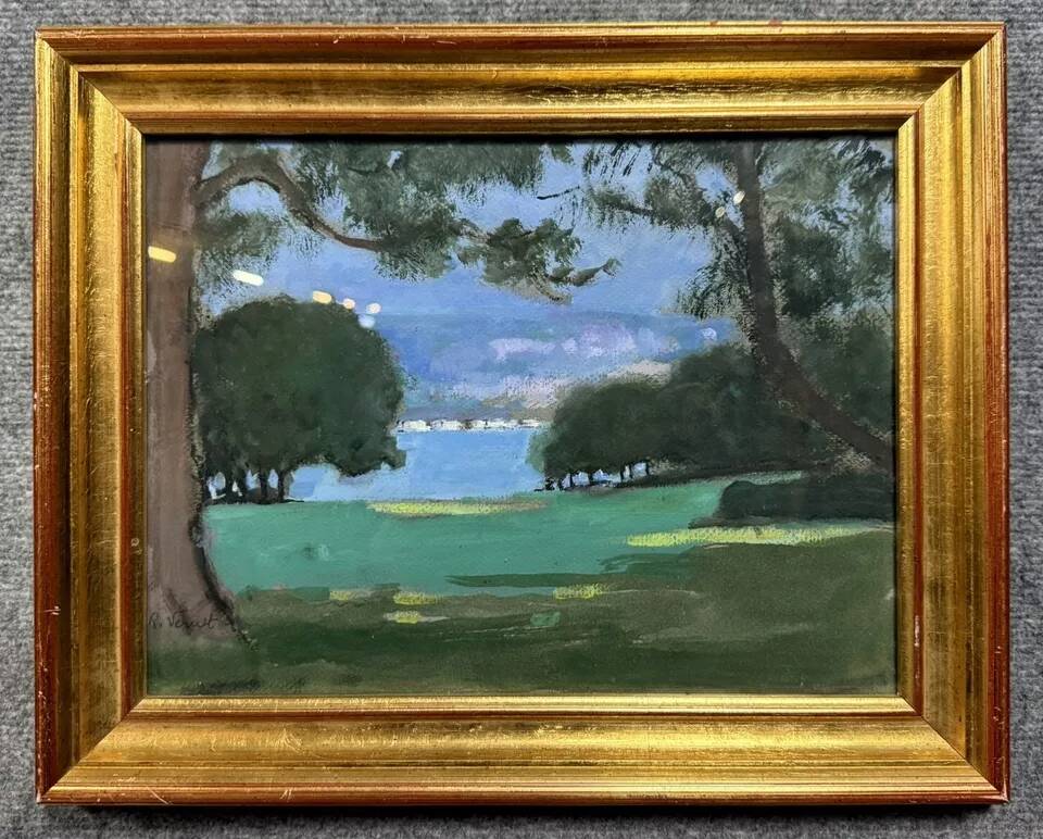 Oil painting on panel by Rivernet: view of a lake