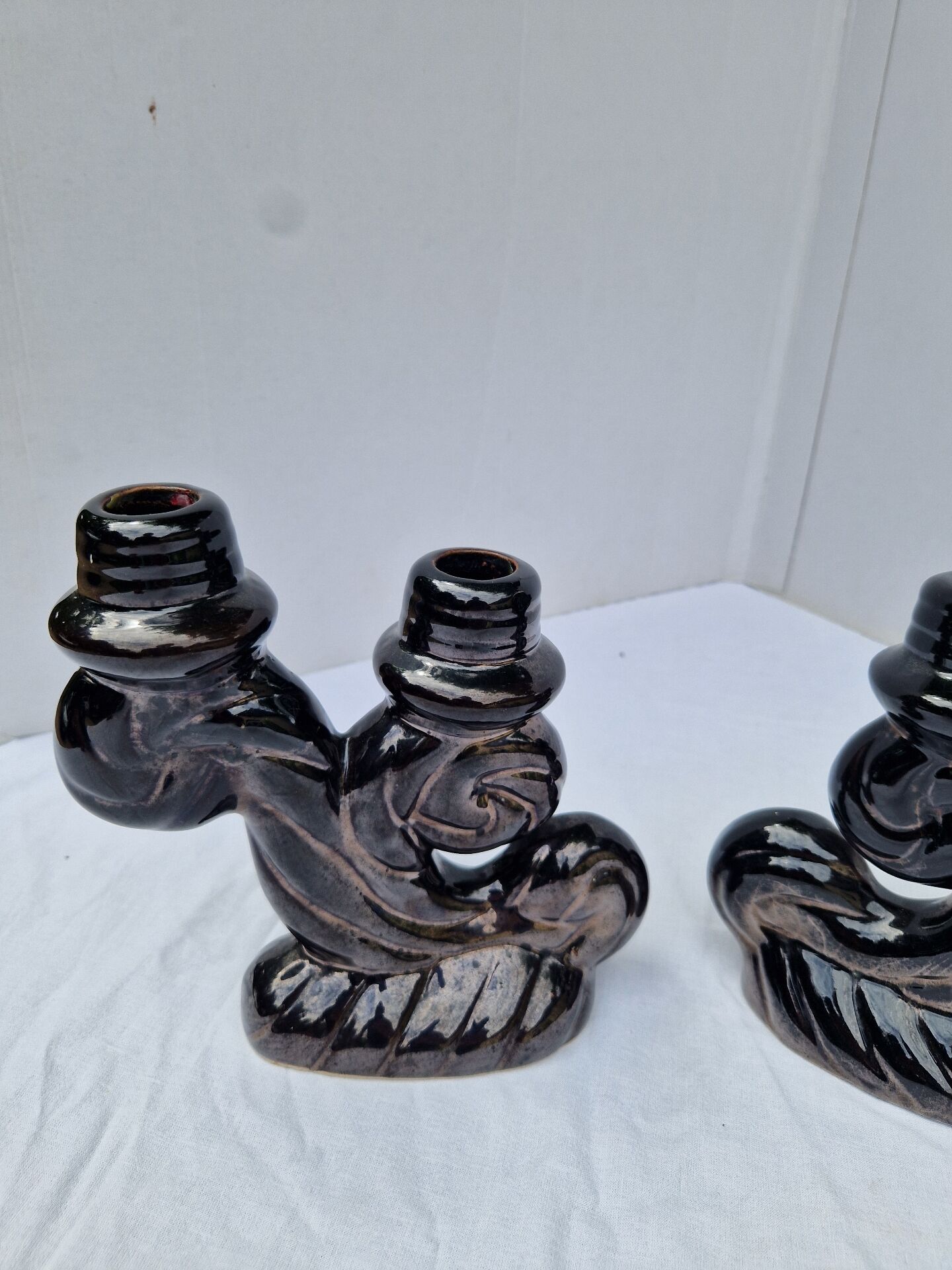 Set of 2 vintage two-light candle holders in Vallauris ceramic design.