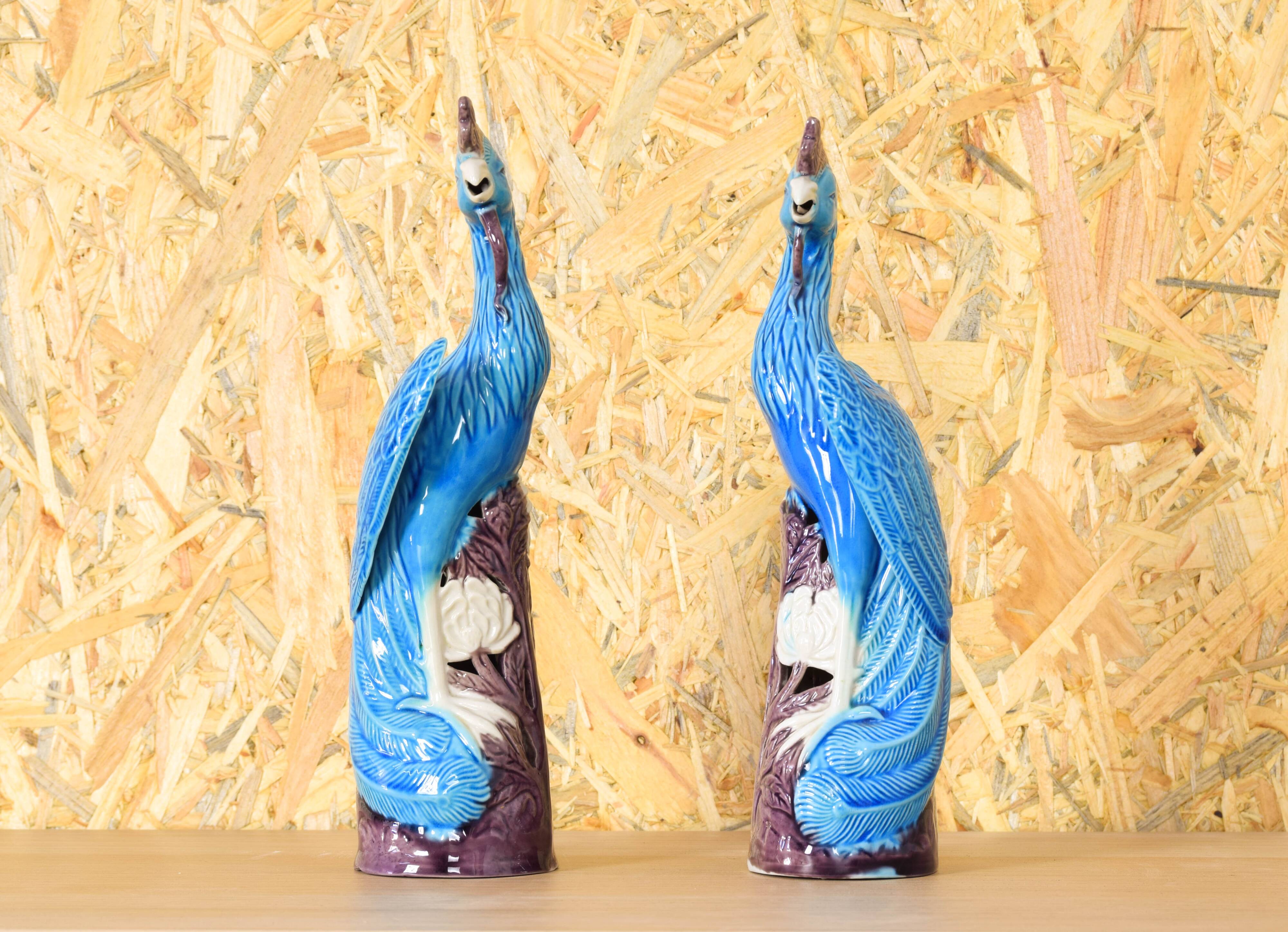 Mid Century Chinise Pair of Turquoise Porcelain Peacocks 50s