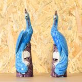 Mid Century Chinise Pair of Turquoise Porcelain Peacocks 50s