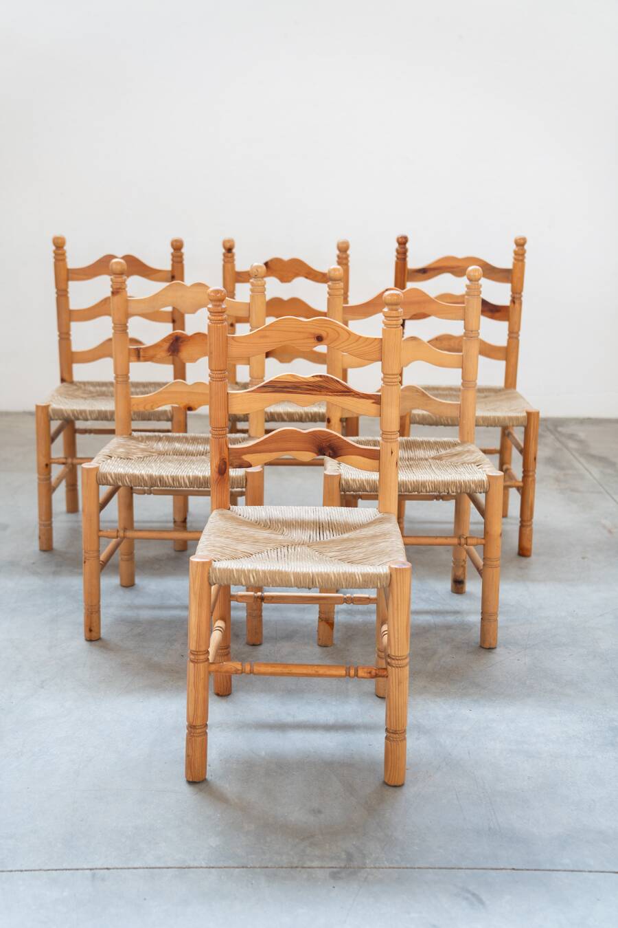 Rustic Friulian chairs with turned legs, set of 12, 1980-1990
