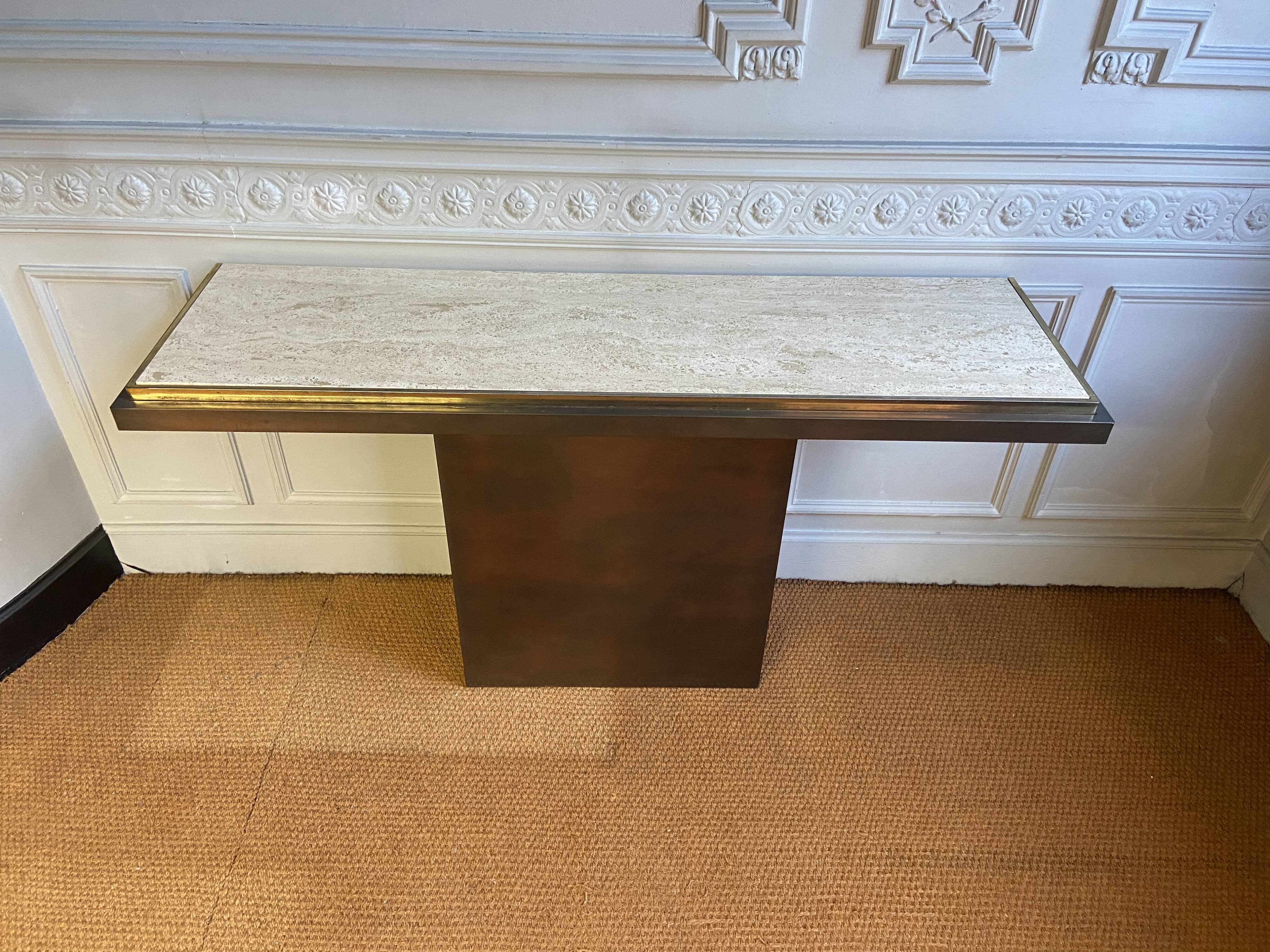 Belgo Chrom console, copper and travertine metal, Belgium, 1970