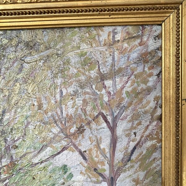 Huile sur toile ancienne , paysage arboré avec maison , encadrement  doré