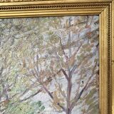 Old oil on canvas, wooded landscape with house, gilded frame.