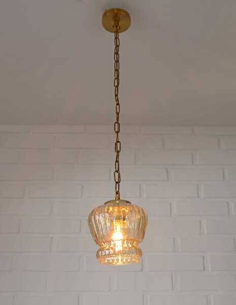 Vintage old gold pendant light, amber glass, 1960s chain lamp