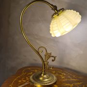 Bronze and brass lamp, opaline shade, 1950.