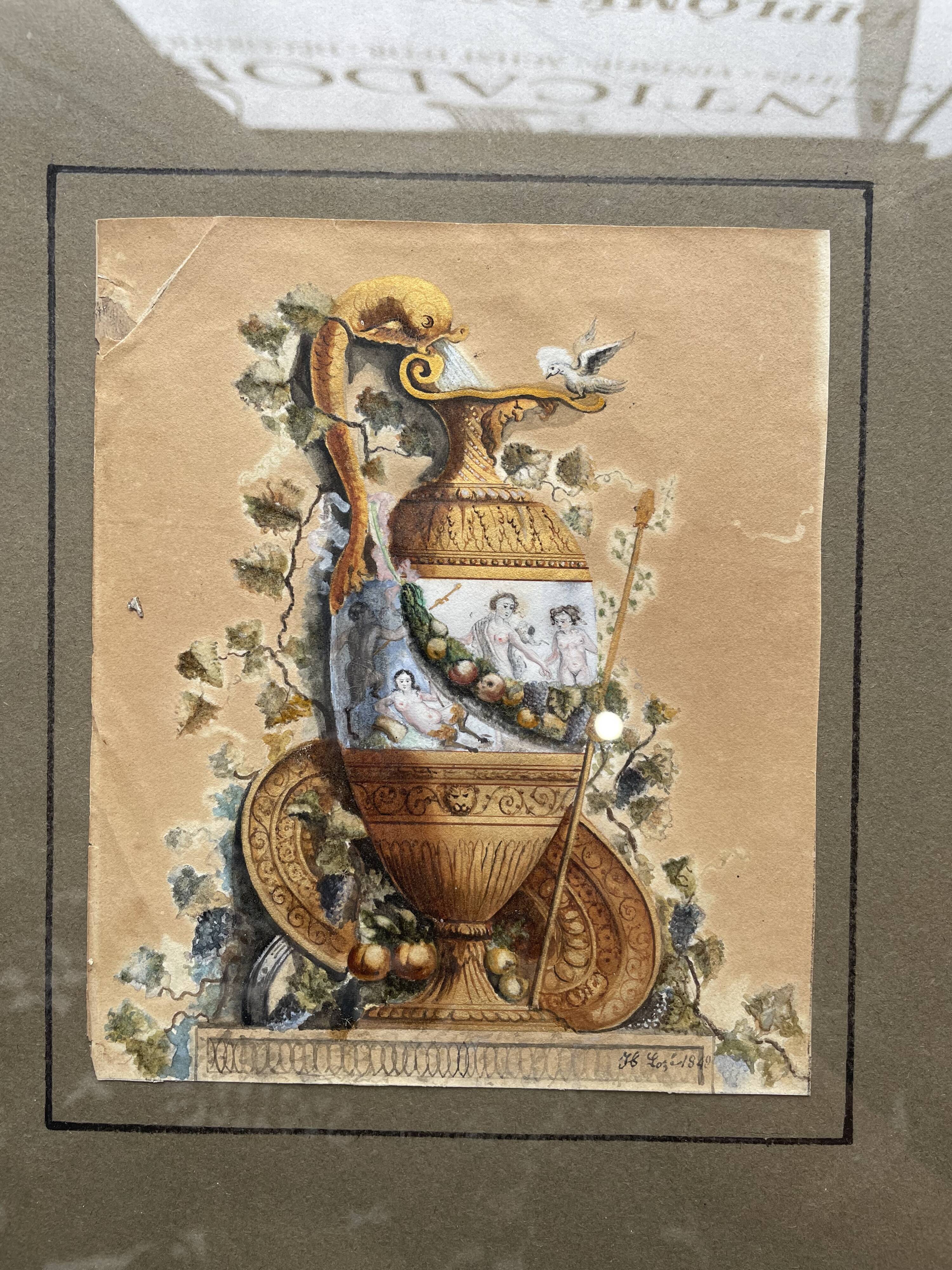 Watercolor XIXth Fountain at Antique Signed H. Lozé