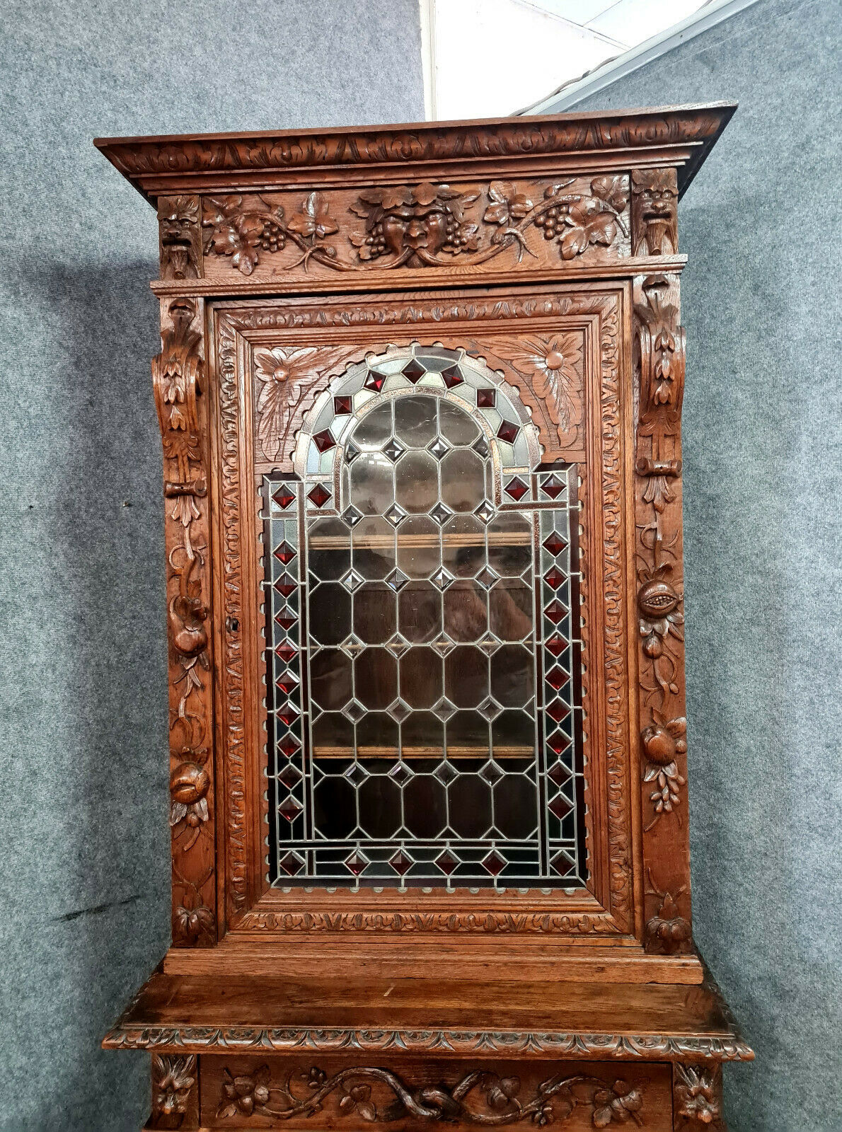 Renaissance library cabinet of hunting lodge in solid oak around 1850