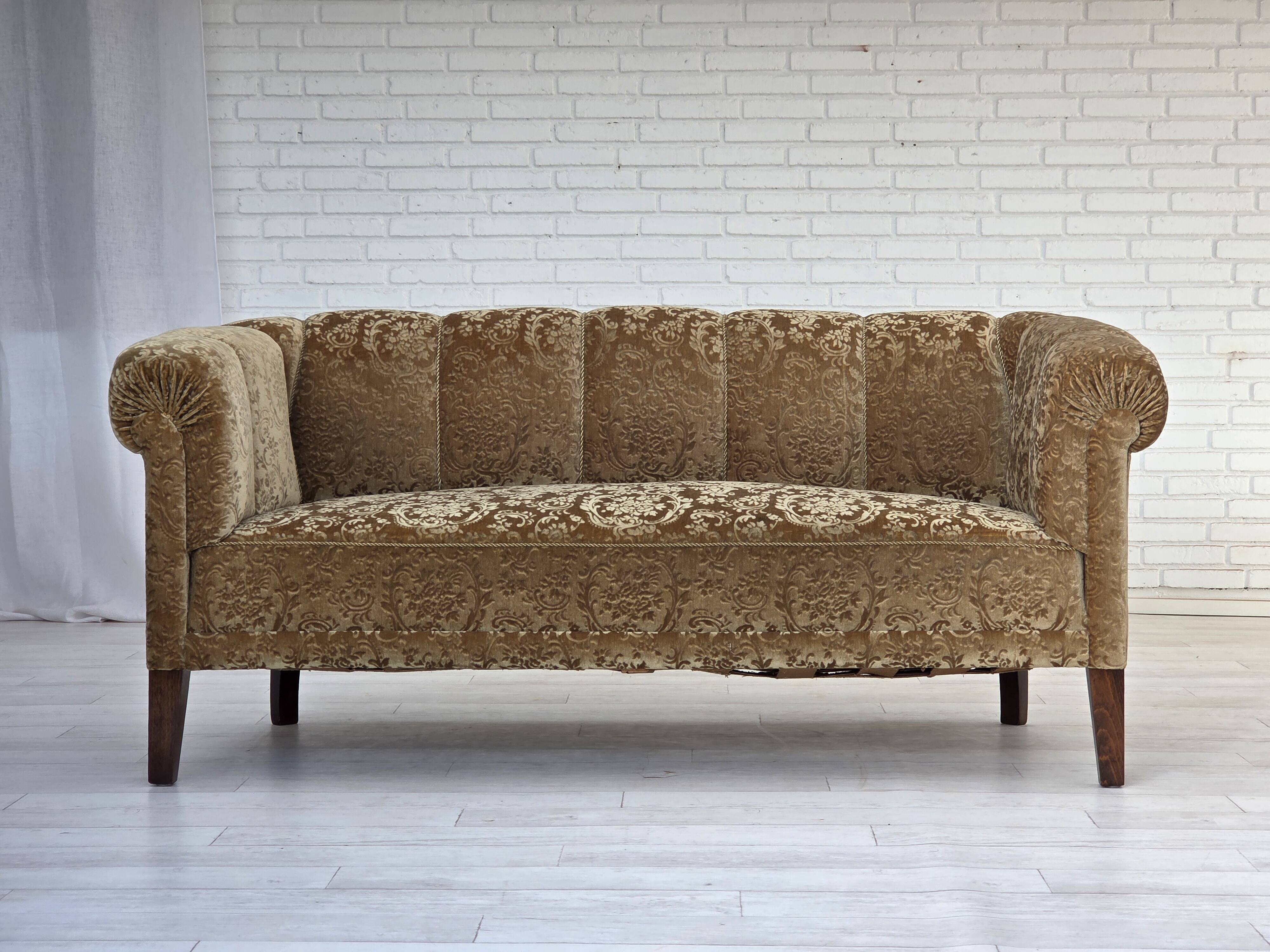 1960s, 3-seater Danish sofa, green furniture velour, ash wood legs.