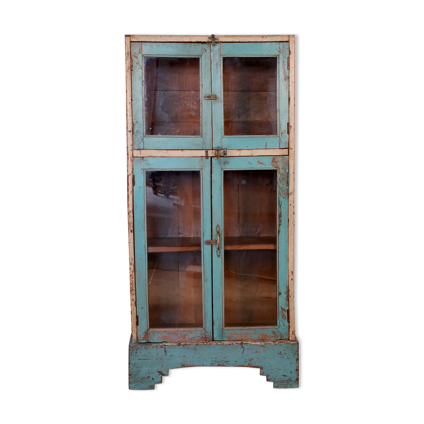 Old art deco showcase in original turquoise-white patina burmese teak