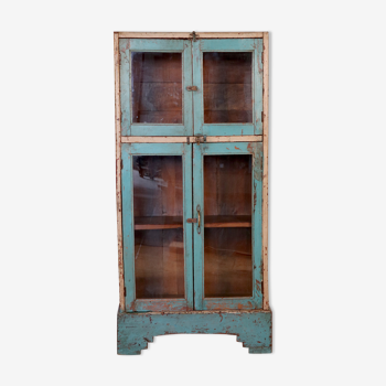 Old art deco showcase in original turquoise-white patina burmese teak