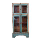 Ancienne vitrine art déco en teck birman patine turquoise-blanche d'origine