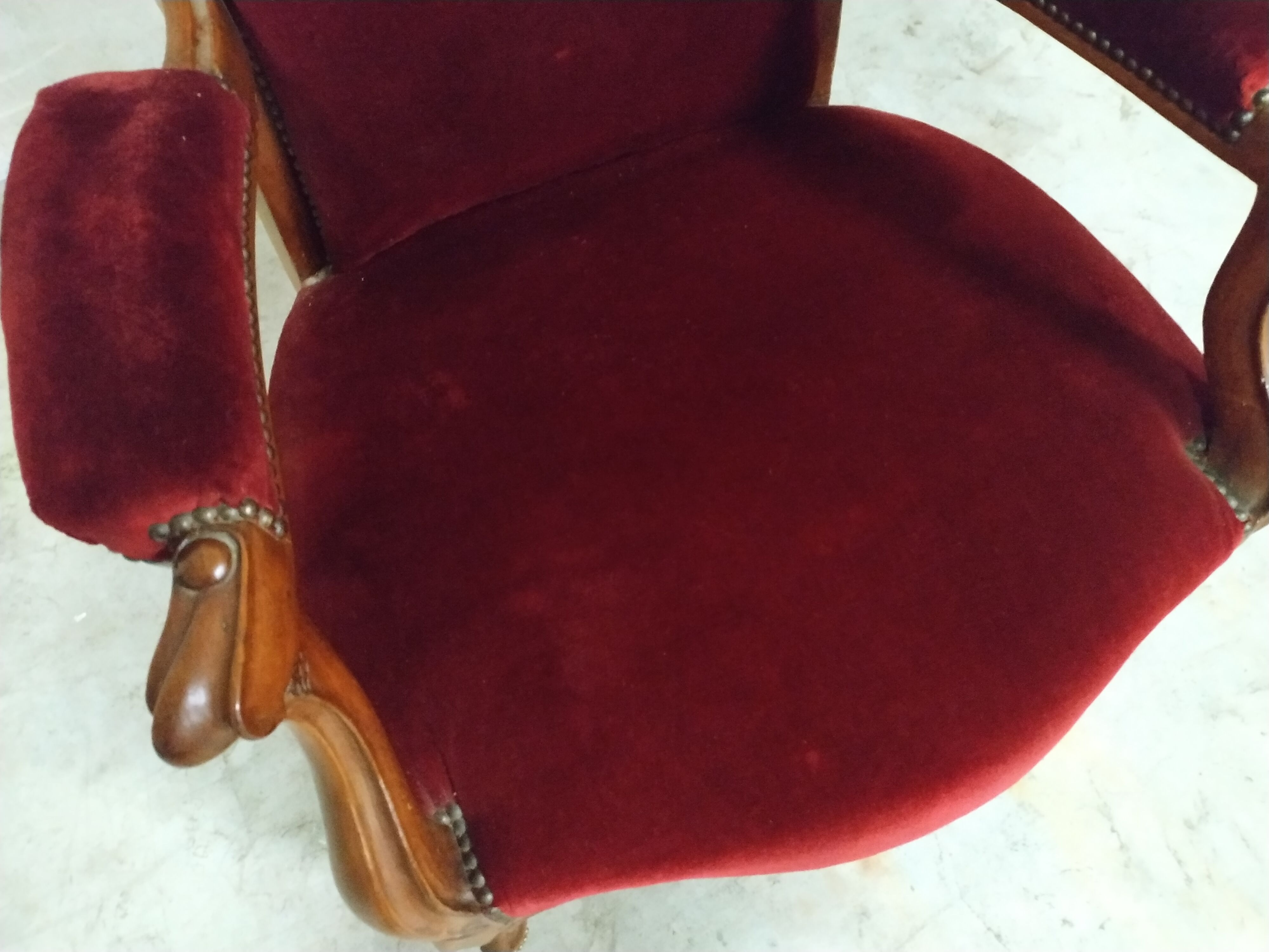 Walnut and velvet armchair