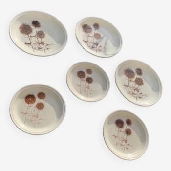 6 flat plates, composed of 3 large and 3 small stoneware, thistle motifs Sarreguemines France