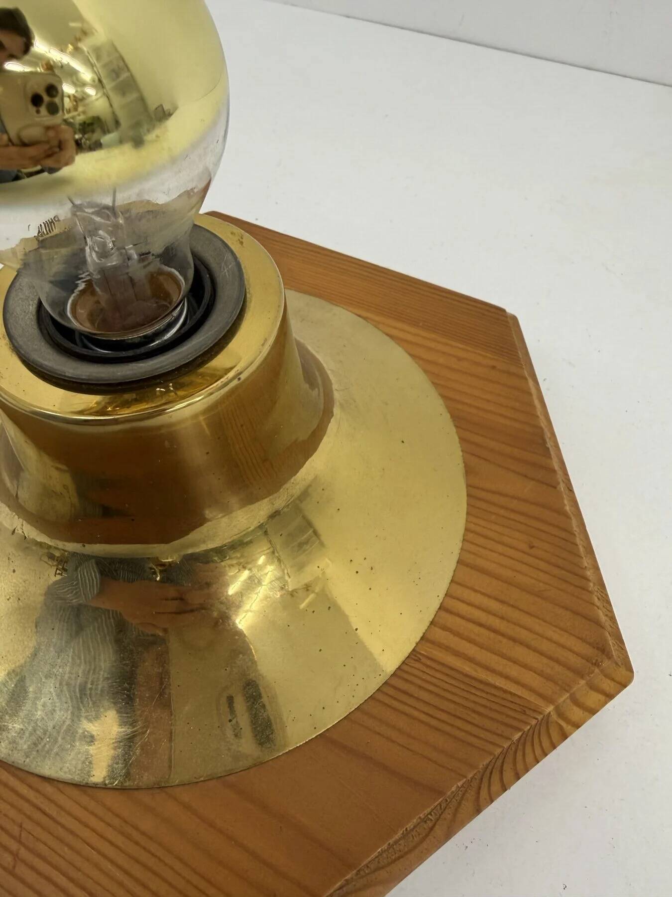 Vintage hexagonal wall lamp with pine wood and brass, 1970s