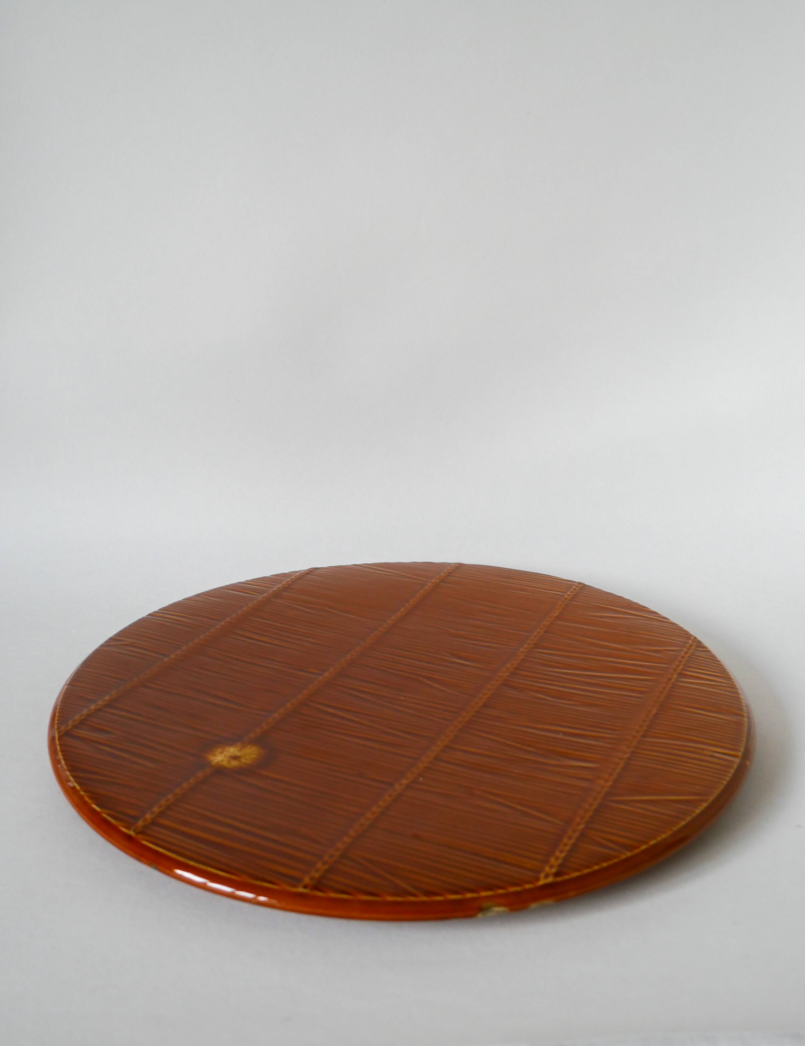 Cake dish in gien slip with woven reed effect 1960