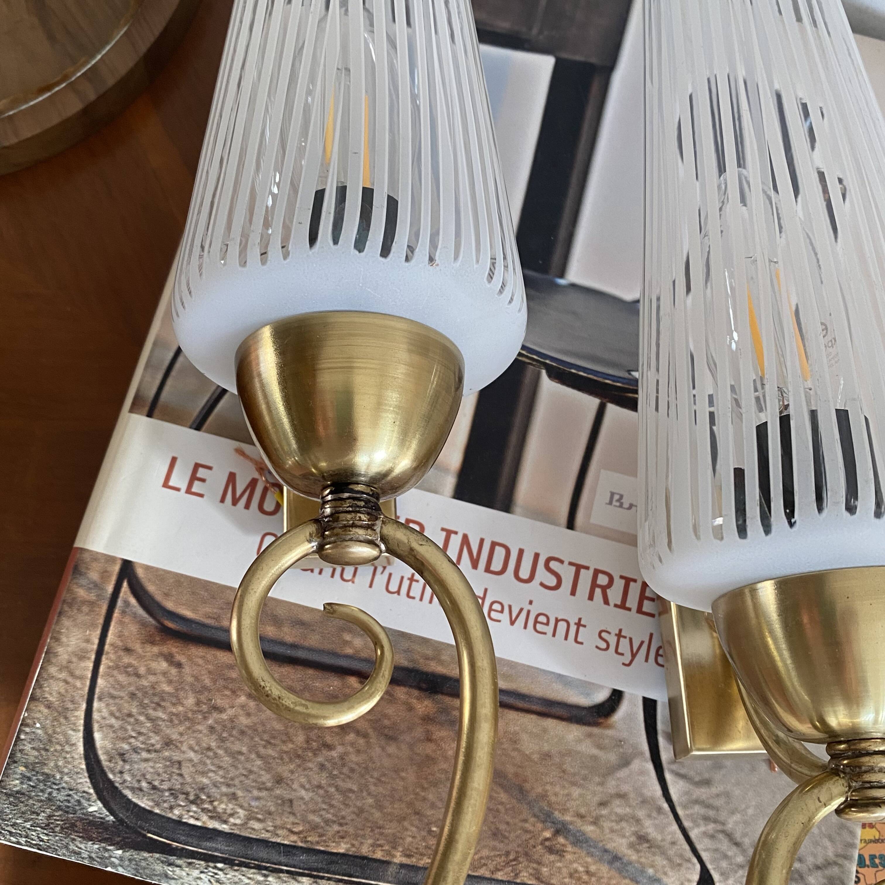 Pair of antique wall sconces brass tulip white striped glass