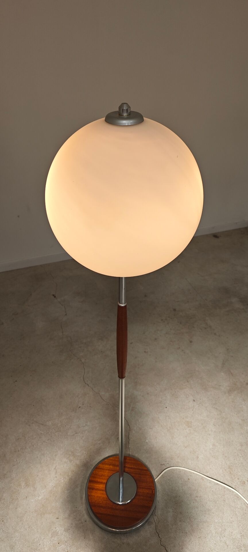 Modernist floor lamp in teak, chrome metal, opaline, Czechoslovakia 60s