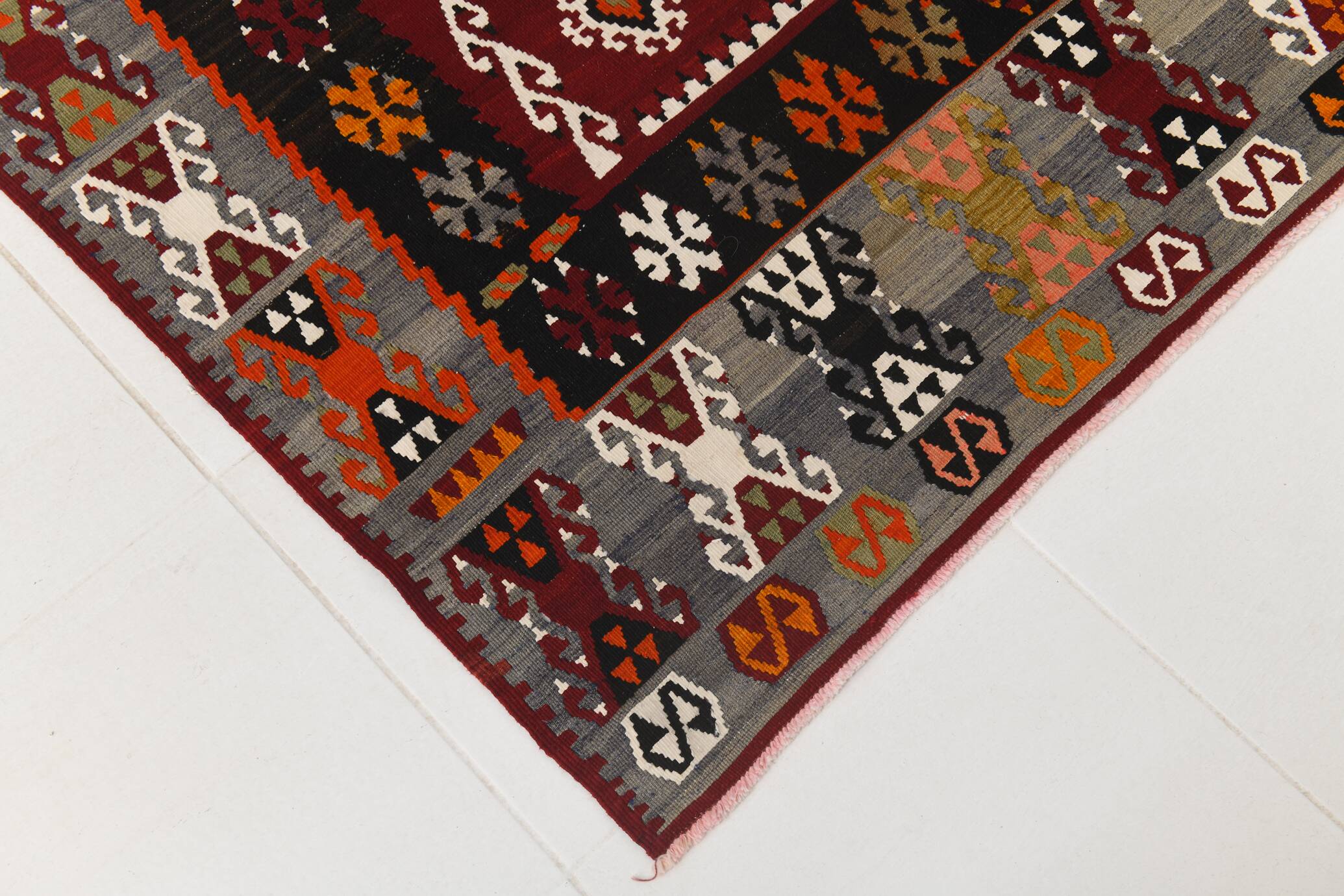 6x15 Wine Red & Green Vintage Kilim Rug, 198x468Cm