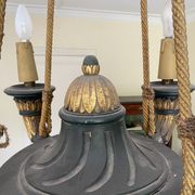 Empire style chandelier with four lights in sheet metal, bronze with patina and gilding