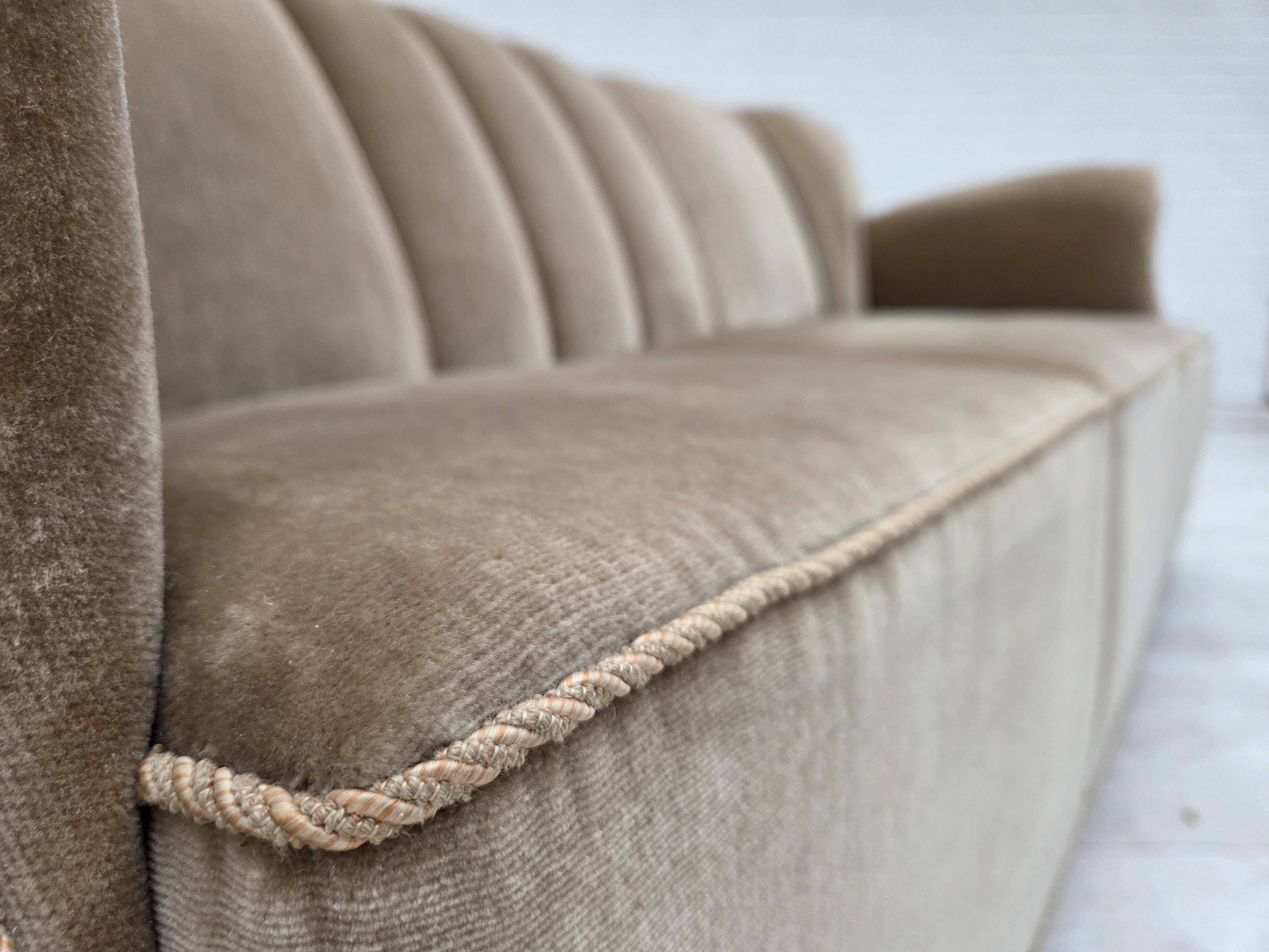 1960s, Danish 3-seater sofa, green furniture velour, oak wood legs.