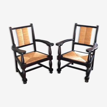 Paire de fauteuils style neo- basque en chêne et paille 1950