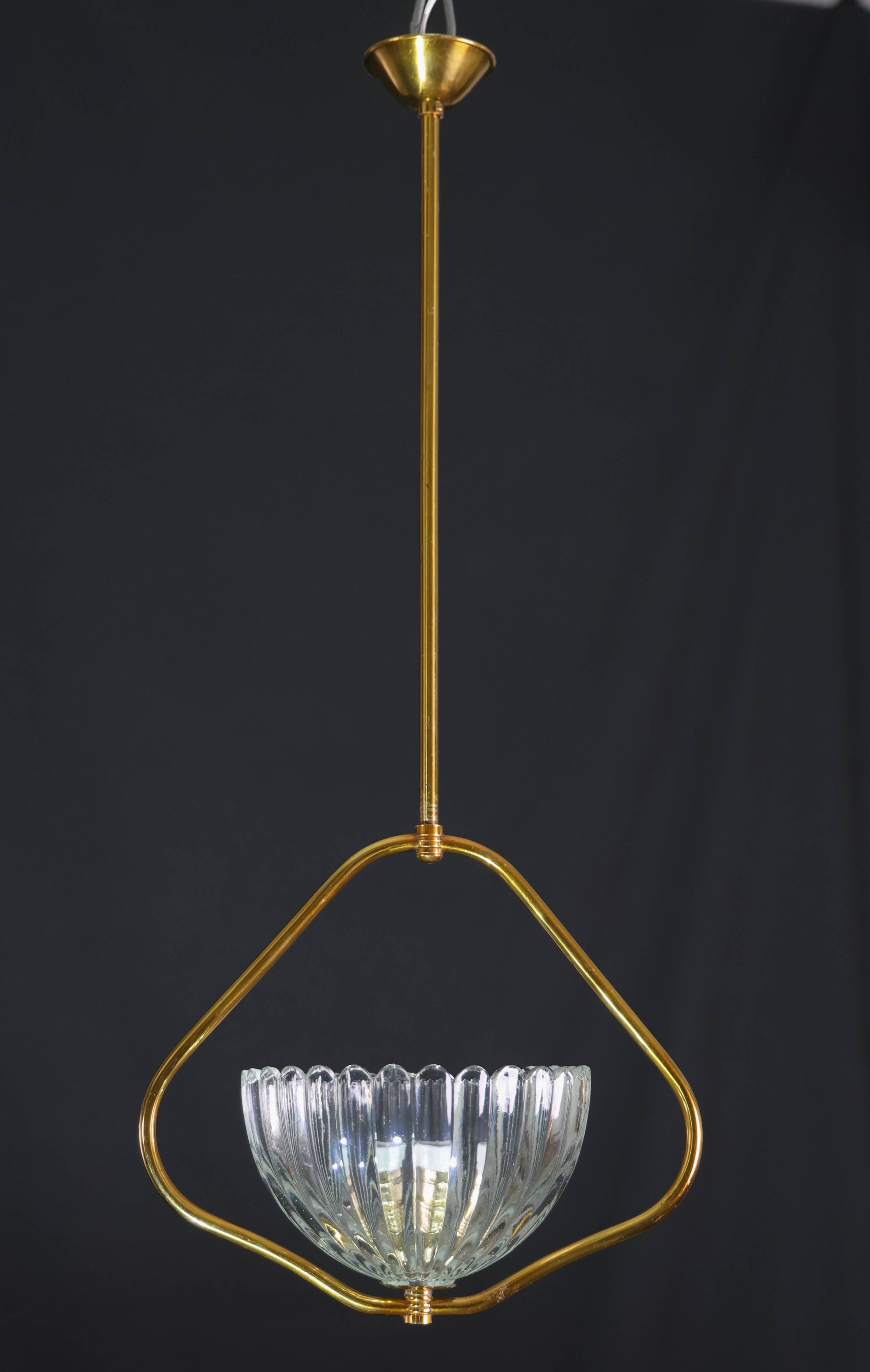 Art Decò Barovier e Toso Murano Glass and Brass Pendant Light, 1950
