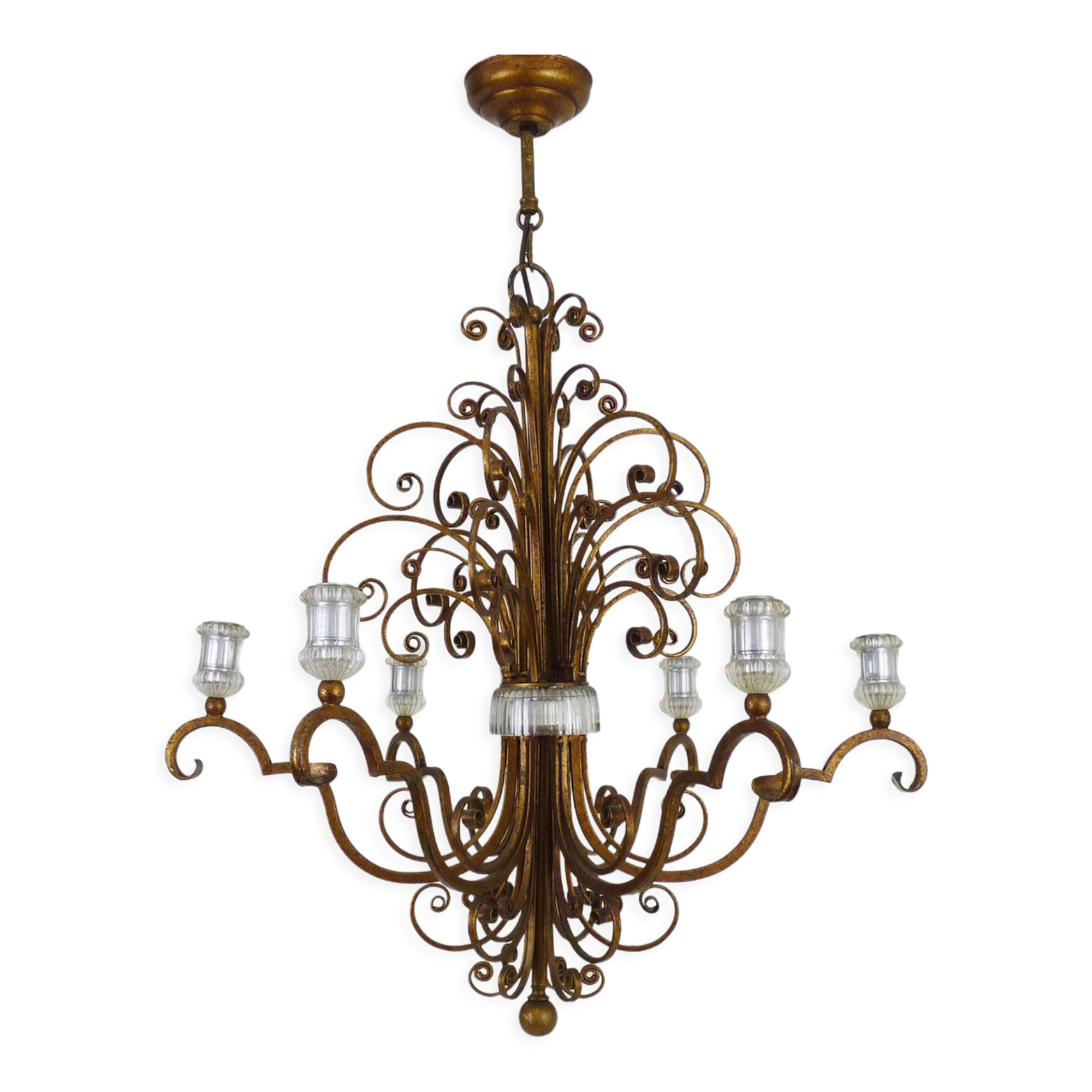 Lustre italien en métal doré vieilli, luminaire ancien, lustre à 6 feux ...