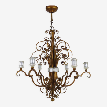 Italian chandelier in aged gilded metal, antique lighting, 6-burner chandelier. Year 70