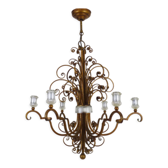 Lustre italien en métal doré vieilli, luminaire ancien, lustre à 6 feux, années 70