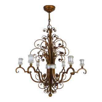 Italian chandelier in aged gilded metal, antique lighting, 6-burner chandelier. Year 70