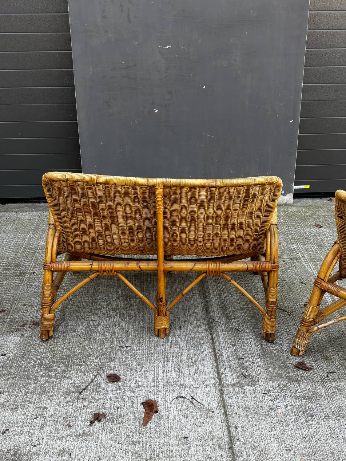 Vintage rattan garden furniture – complete set with sofa and armchairs.