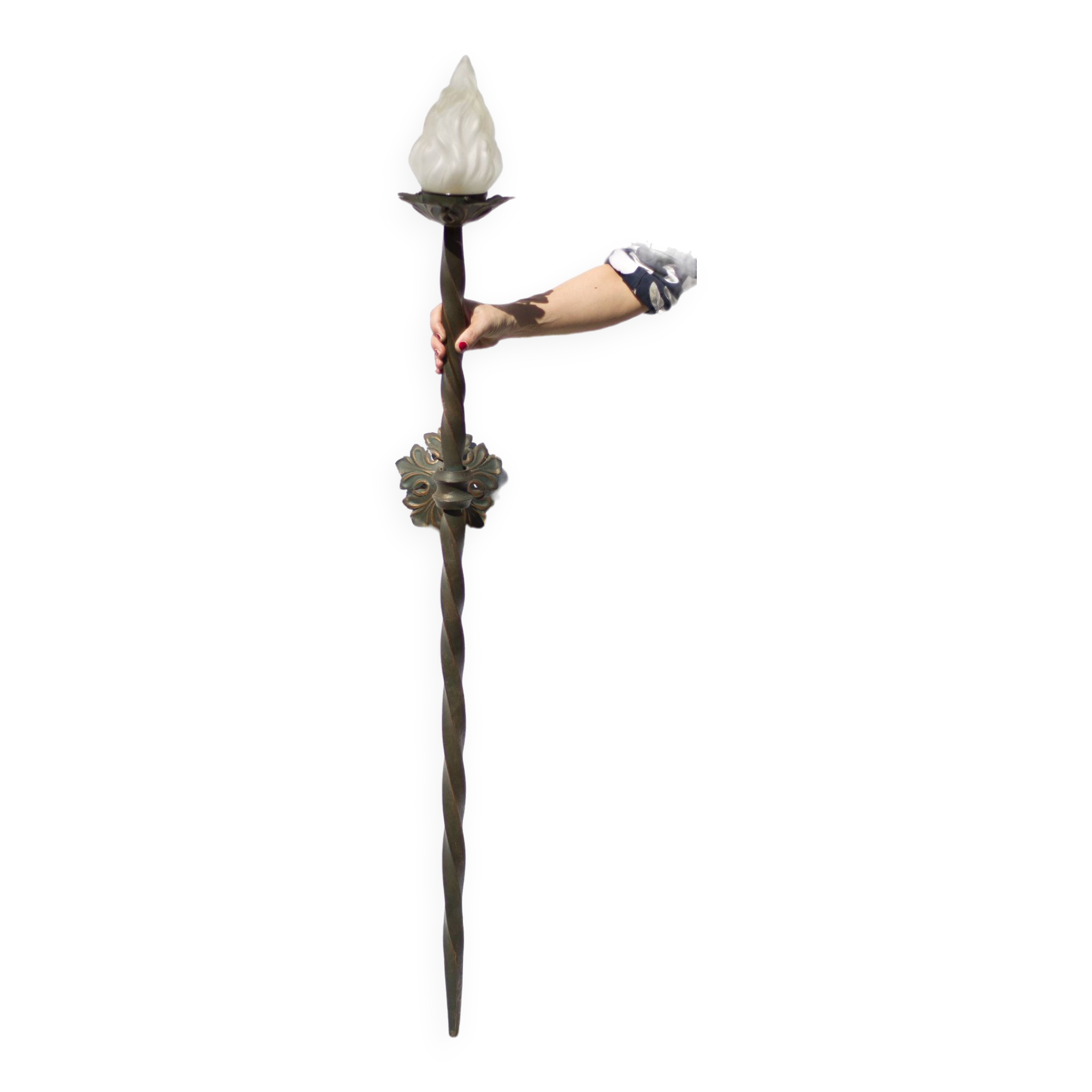 Wrought iron globe flame wall torch lamp, vintage wrought iron wall light, medieval