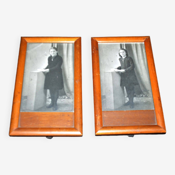 Set of 2 wooden photo frames - walnut? - vintage photographs 1950