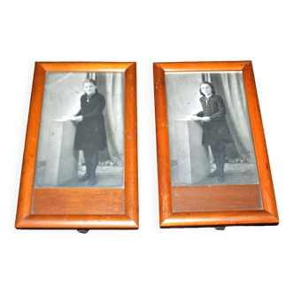 Set of 2 wooden photo frames - walnut? - vintage photographs 1950