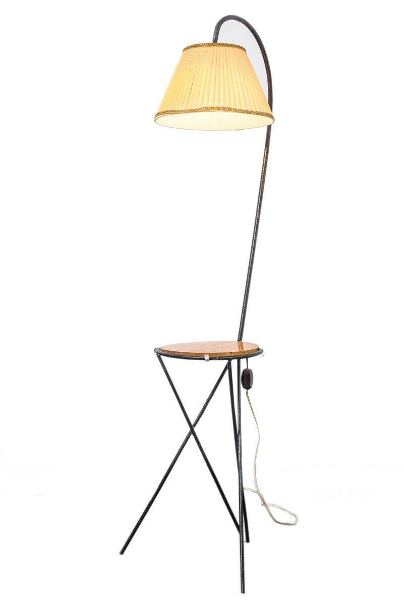 Mid-Century black floor lamp, wood and fabric with integrated table, 1950s