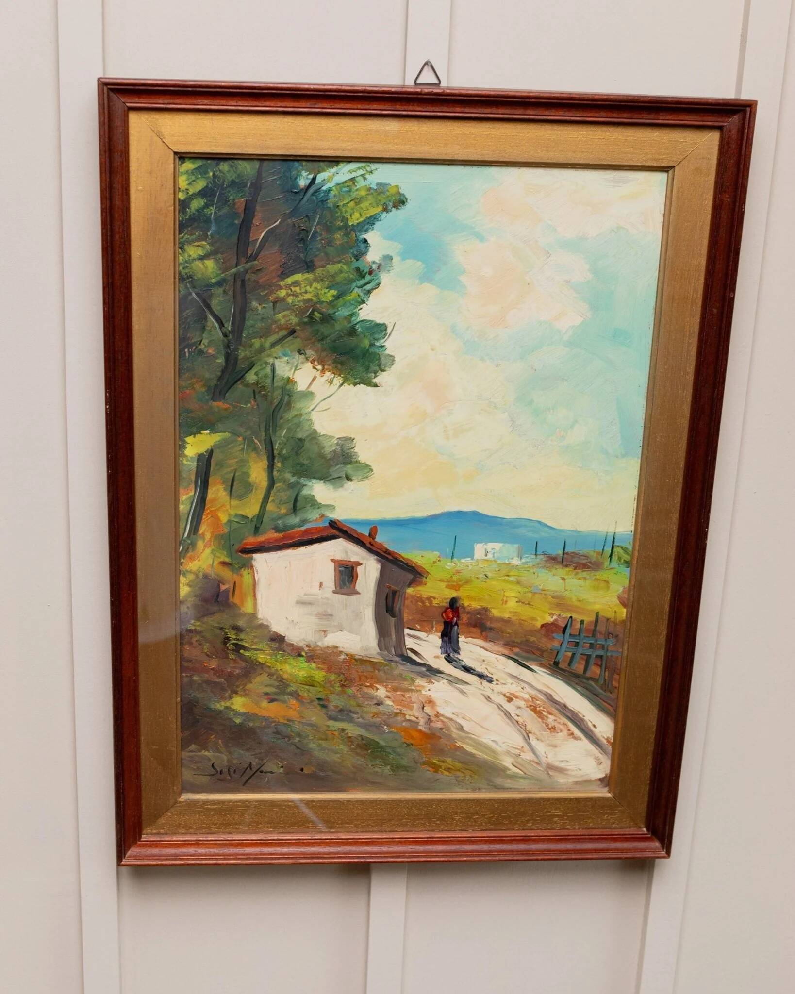 XL Vintage Oil Painting on Wood Panel in a Golden Frame, 1960s Italy Landscape with Woman