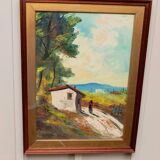 XL Vintage Oil Painting on Wood Panel in a Golden Frame, 1960s Italy Landscape with Woman