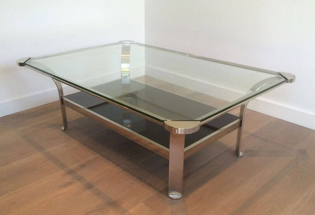 Table basse en chrome à double plateau en verre